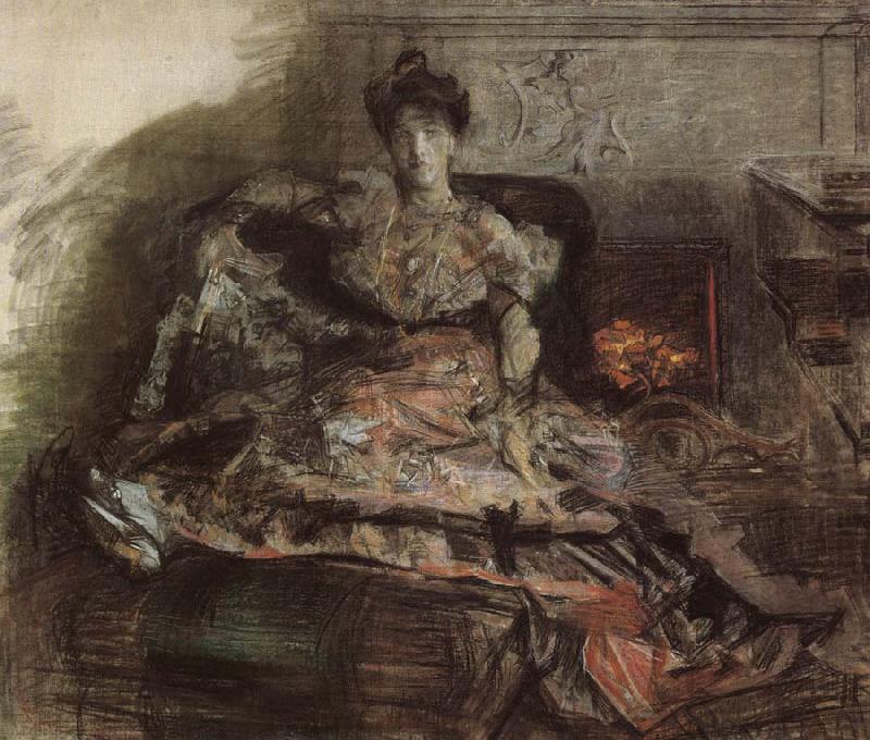 Mikhail Vrubel Arter the concert:nadezhda zabela-Vrubel by the fireplace wearing a dress designed by the artist china oil painting image